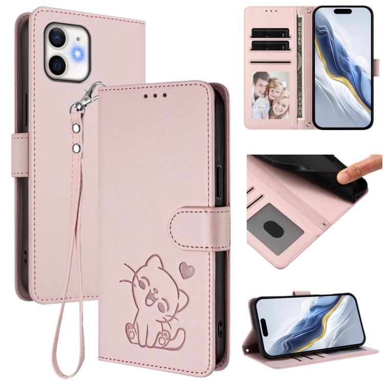 Capa de telemóvel em pele com relevo de gato em forma de coração e alça de mão, Para iPhone 11 Pro Max, Para iPhone 11, Para iPhone 11 Pro, Para iPhone X / XS