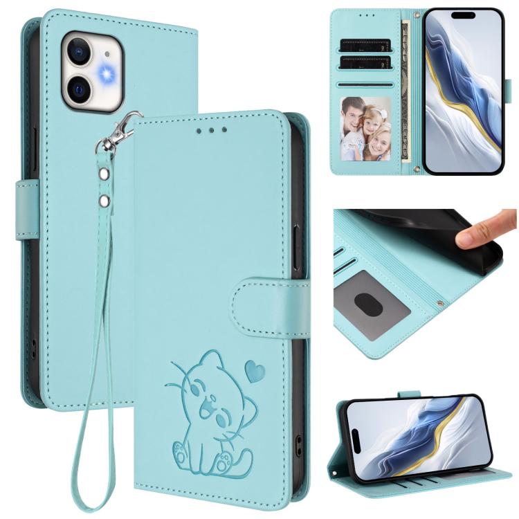 Capa de telemóvel em pele com relevo de gato em forma de coração e alça de mão, Para iPhone 11 Pro Max, Para iPhone 11, Para iPhone 11 Pro, Para iPhone X / XS