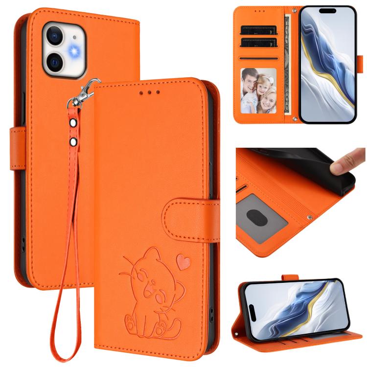 Capa de telemóvel em pele com relevo de gato em forma de coração e alça de mão, Para iPhone 11 Pro Max, Para iPhone 11, Para iPhone 11 Pro, Para iPhone X / XS