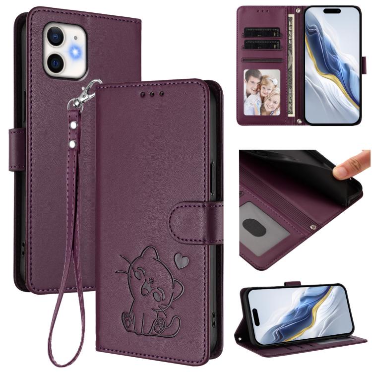 Capa de telemóvel em pele com relevo de gato em forma de coração e alça de mão, Para iPhone 11 Pro Max, Para iPhone 11, Para iPhone 11 Pro, Para iPhone X / XS