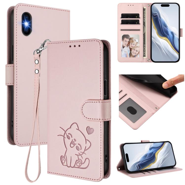 Capa de telemóvel em pele com relevo de gato em forma de coração e alça de mão, Para iPhone 11 Pro Max, Para iPhone 11, Para iPhone 11 Pro, Para iPhone X / XS