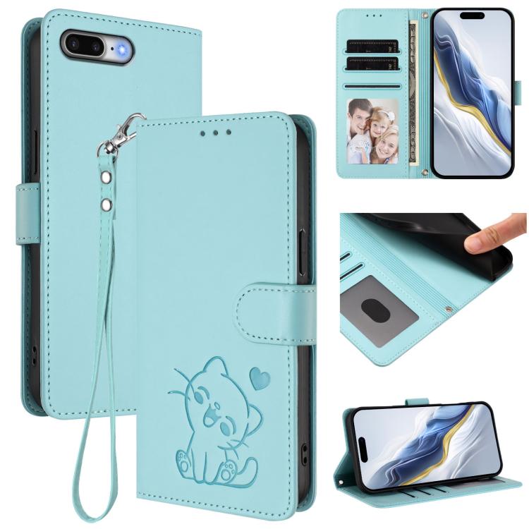 Capa de telemóvel em pele com relevo de gato em forma de coração e alça de mão, Para iPhone XR, Para iPhone XS Max, Para iPhone 7 Plus / 8 Plus