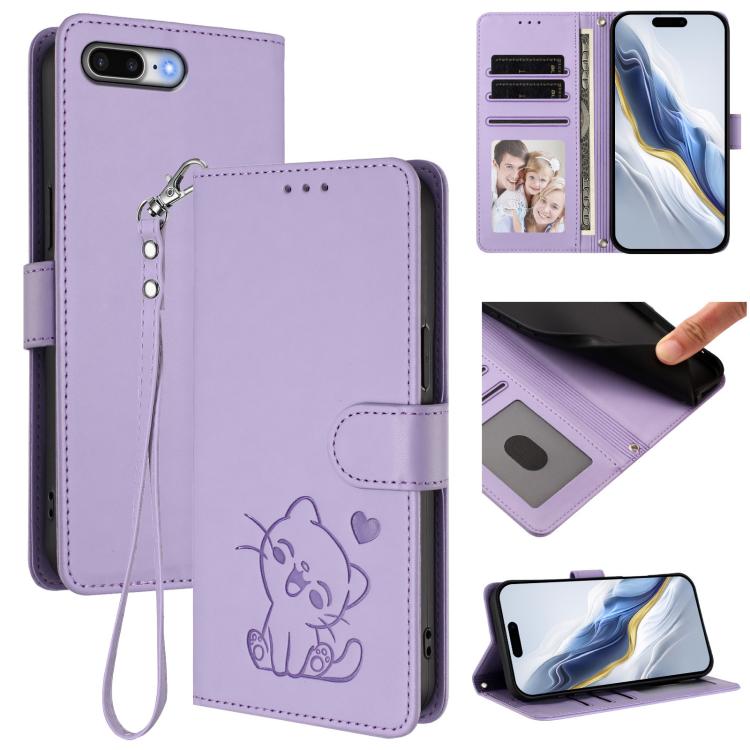 Capa de telemóvel em pele com relevo de gato em forma de coração e alça de mão, Para iPhone XR, Para iPhone XS Max, Para iPhone 7 Plus / 8 Plus
