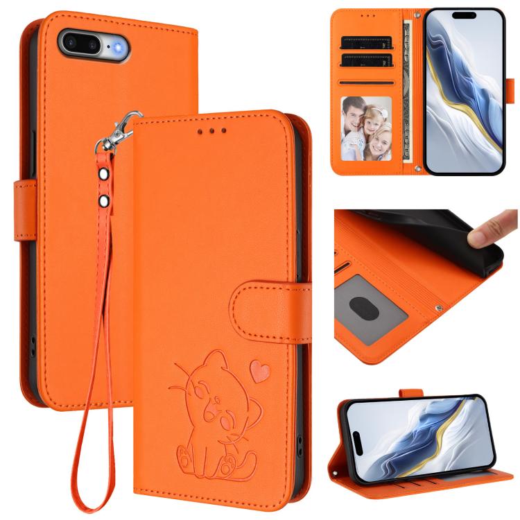 Capa de telemóvel em pele com relevo de gato em forma de coração e alça de mão, Para iPhone XR, Para iPhone XS Max, Para iPhone 7 Plus / 8 Plus