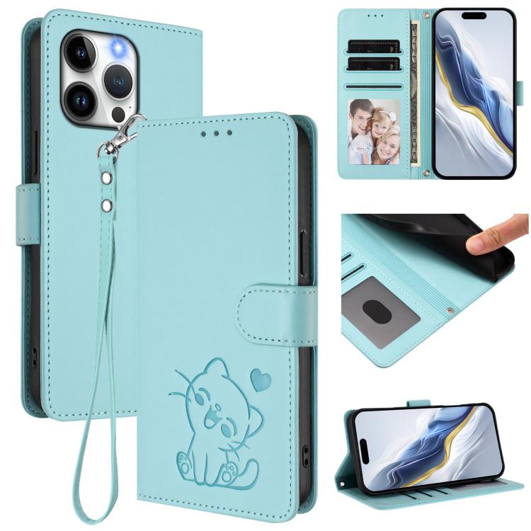 Capa de telemóvel em pele com relevo de coração e gato com alça de mão, Para iPhone 15, Para iPhone 14 Plus, Para iPhone 14 / 13, Para iPhone 14 Pro