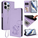 Capa de telemóvel em pele com relevo de coração e gato com alça de mão, Para iPhone 15, Para iPhone 14 Plus, Para iPhone 14 / 13, Para iPhone 14 Pro