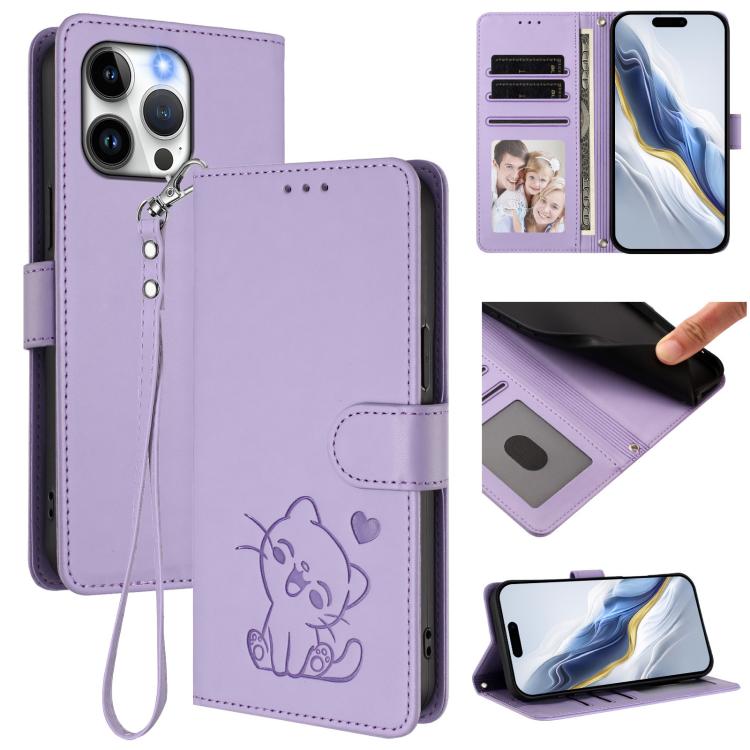 Capa de telemóvel em pele com relevo de coração e gato com alça de mão, Para iPhone 15, Para iPhone 14 Plus, Para iPhone 14 / 13, Para iPhone 14 Pro