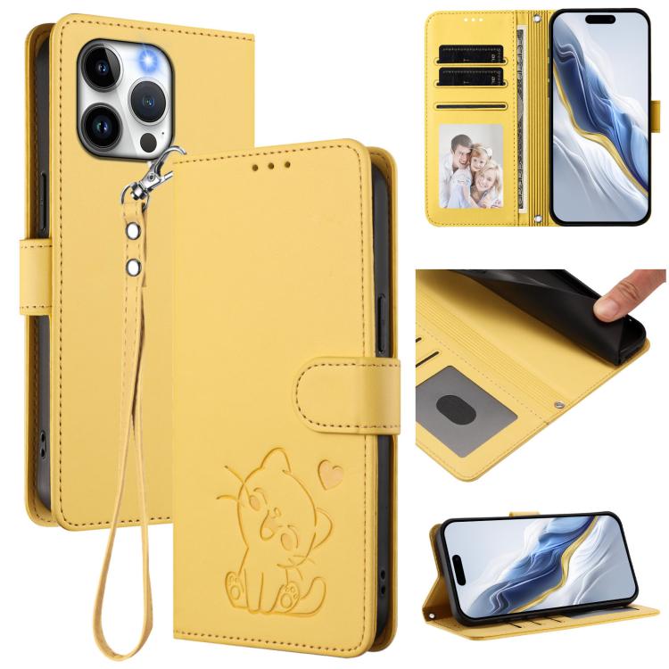Capa de telemóvel em pele com relevo de coração e gato com alça de mão, Para iPhone 15, Para iPhone 14 Plus, Para iPhone 14 / 13, Para iPhone 14 Pro