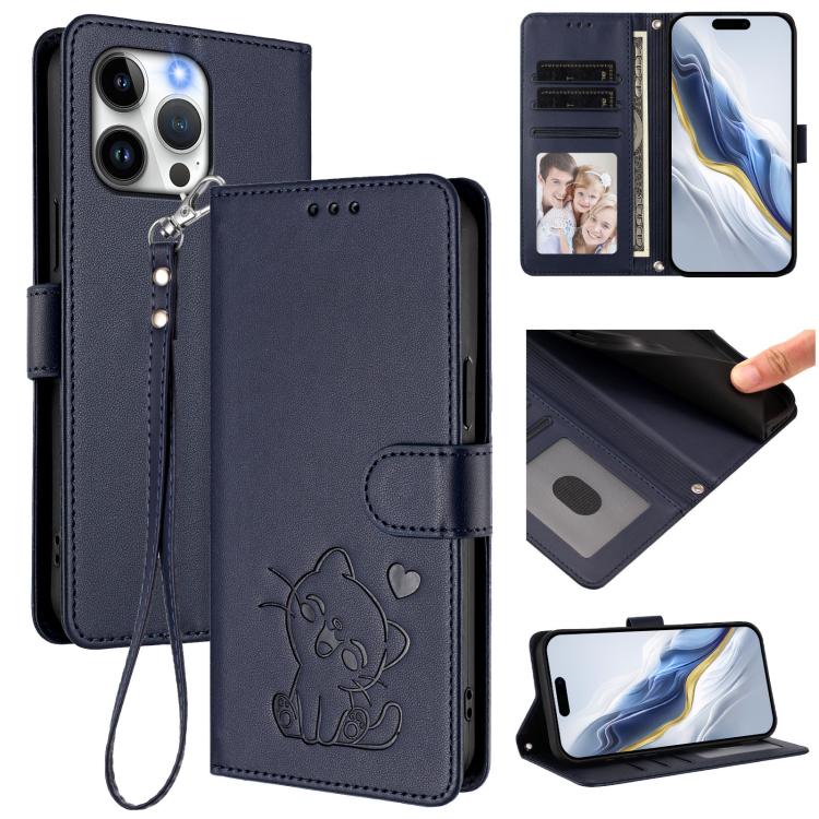 Capa de telemóvel em pele com relevo de coração e gato com alça de mão, Para iPhone 15, Para iPhone 14 Plus, Para iPhone 14 / 13, Para iPhone 14 Pro