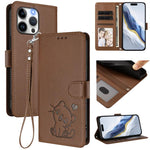 Capa de telemóvel em pele com relevo de coração e gato com alça de mão, Para iPhone 15, Para iPhone 14 Plus, Para iPhone 14 / 13, Para iPhone 14 Pro