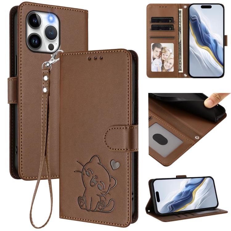 Capa de telemóvel em pele com relevo de coração e gato com alça de mão, Para iPhone 15, Para iPhone 14 Plus, Para iPhone 14 / 13, Para iPhone 14 Pro