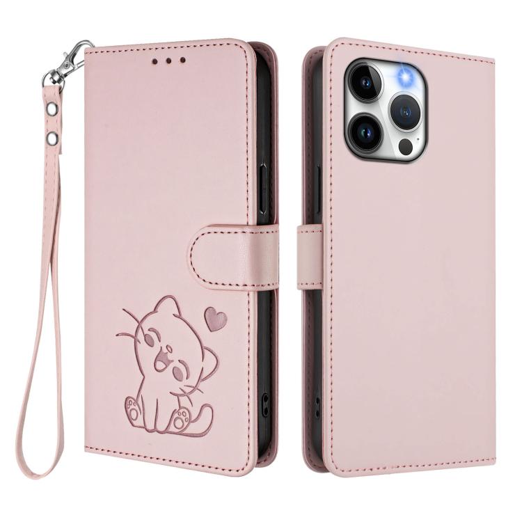 Capa de telemóvel em pele com relevo de coração e gato com alça de mão, Para iPhone 14 Pro Max, Para iPhone 7 / 8 / SE 2022, Para iPhone 13 Pro Max, Para iPhone 13 Pro