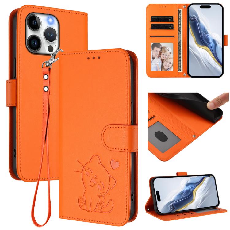Capa de telemóvel em pele com relevo de coração e gato com alça de mão, Para iPhone 14 Pro Max, Para iPhone 7 / 8 / SE 2022, Para iPhone 13 Pro Max, Para iPhone 13 Pro