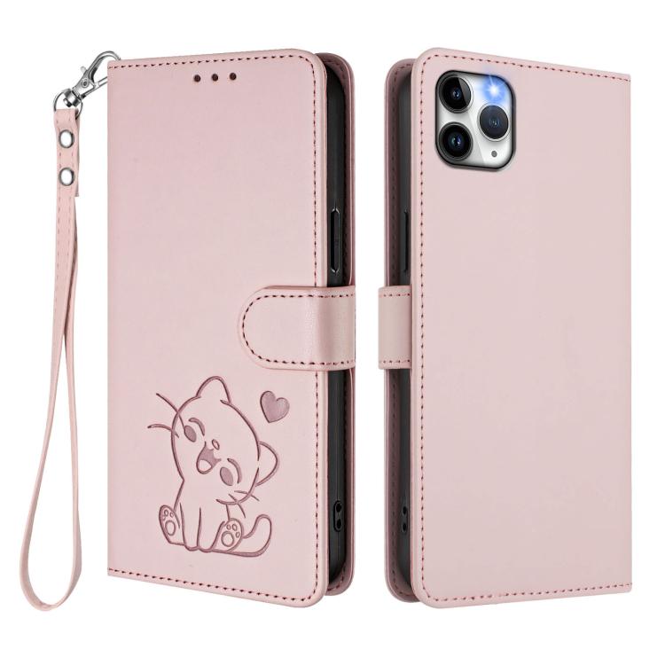 Capa de telemóvel em pele com relevo de gato em forma de coração e alça de mão, Para iPhone 11 Pro Max, Para iPhone 11, Para iPhone 11 Pro, Para iPhone X / XS