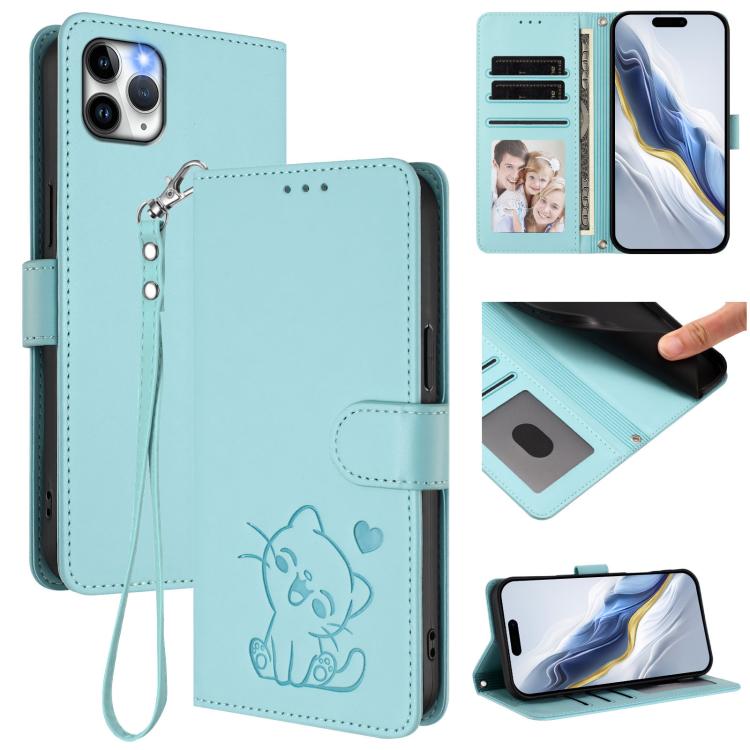 Capa de telemóvel em pele com relevo de gato em forma de coração e alça de mão, Para iPhone 11 Pro Max, Para iPhone 11, Para iPhone 11 Pro, Para iPhone X / XS