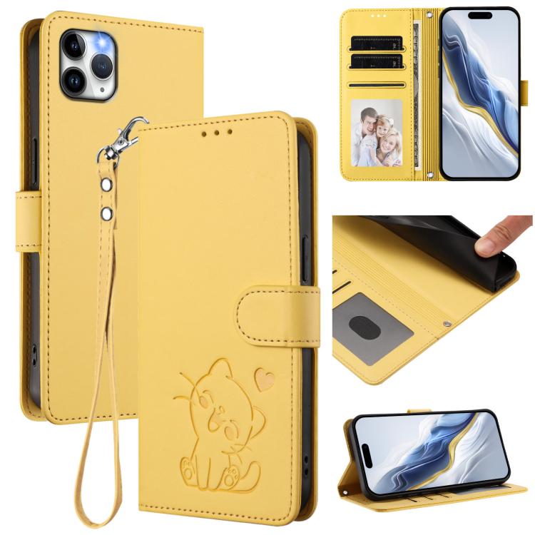 Capa de telemóvel em pele com relevo de gato em forma de coração e alça de mão, Para iPhone 11 Pro Max, Para iPhone 11, Para iPhone 11 Pro, Para iPhone X / XS