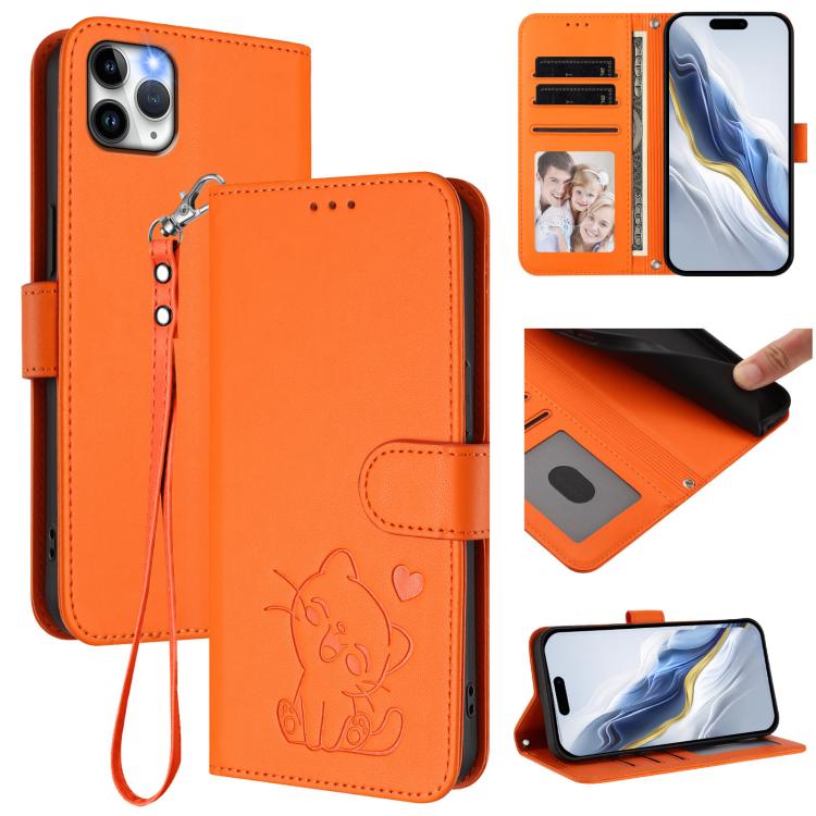 Capa de telemóvel em pele com relevo de gato em forma de coração e alça de mão, Para iPhone 11 Pro Max, Para iPhone 11, Para iPhone 11 Pro, Para iPhone X / XS