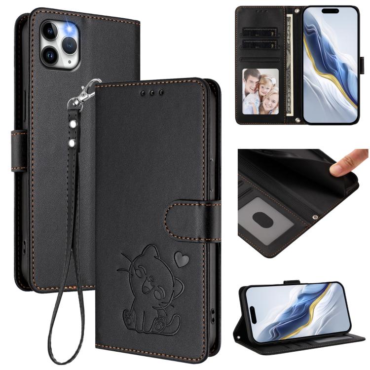 Capa de telemóvel em pele com relevo de gato em forma de coração e alça de mão, Para iPhone 11 Pro Max, Para iPhone 11, Para iPhone 11 Pro, Para iPhone X / XS