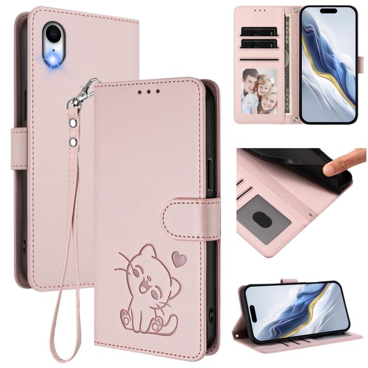 Capa de telemóvel em pele com relevo de gato em forma de coração e alça de mão, Para iPhone XR, Para iPhone XS Max, Para iPhone 7 Plus / 8 Plus