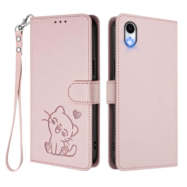 Capa de telemóvel em pele com relevo de gato em forma de coração e alça de mão, Para iPhone XR, Para iPhone XS Max, Para iPhone 7 Plus / 8 Plus