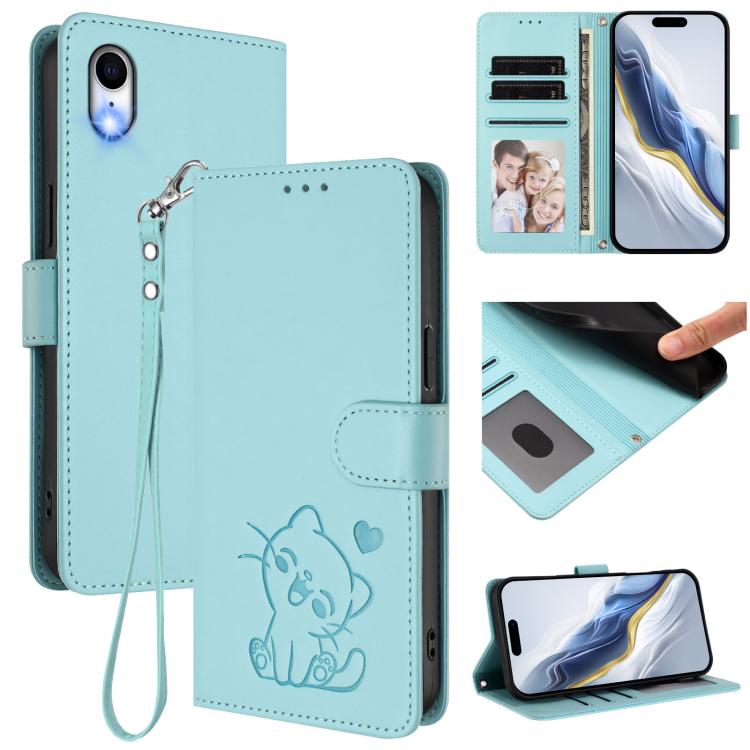 Capa de telemóvel em pele com relevo de gato em forma de coração e alça de mão, Para iPhone XR, Para iPhone XS Max, Para iPhone 7 Plus / 8 Plus