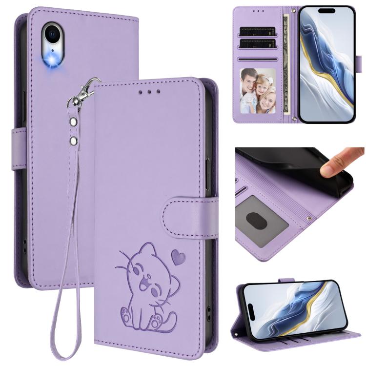 Capa de telemóvel em pele com relevo de gato em forma de coração e alça de mão, Para iPhone XR, Para iPhone XS Max, Para iPhone 7 Plus / 8 Plus