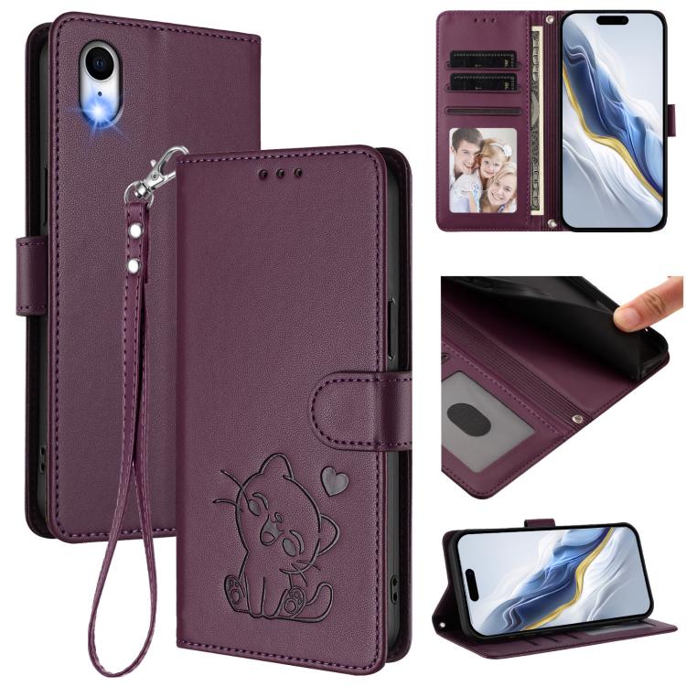 Capa de telemóvel em pele com relevo de gato em forma de coração e alça de mão, Para iPhone XR, Para iPhone XS Max, Para iPhone 7 Plus / 8 Plus