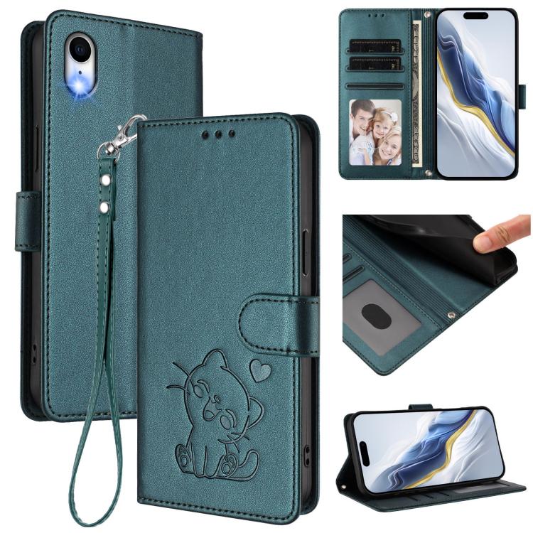 Capa de telemóvel em pele com relevo de gato em forma de coração e alça de mão, Para iPhone XR, Para iPhone XS Max, Para iPhone 7 Plus / 8 Plus