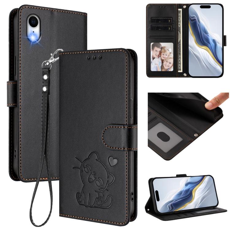 Capa de telemóvel em pele com relevo de gato em forma de coração e alça de mão, Para iPhone XR, Para iPhone XS Max, Para iPhone 7 Plus / 8 Plus