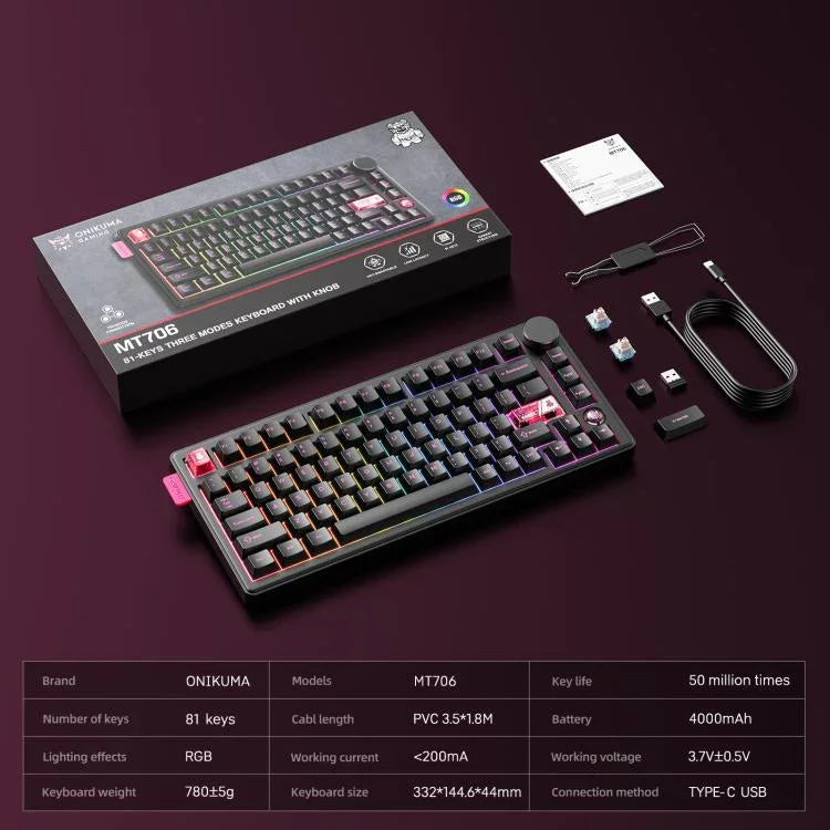 Teclado Mecânico com Triplo Modo e Teclas Hot Swappable ONIKUMA MT706 81 Teclas, MT706