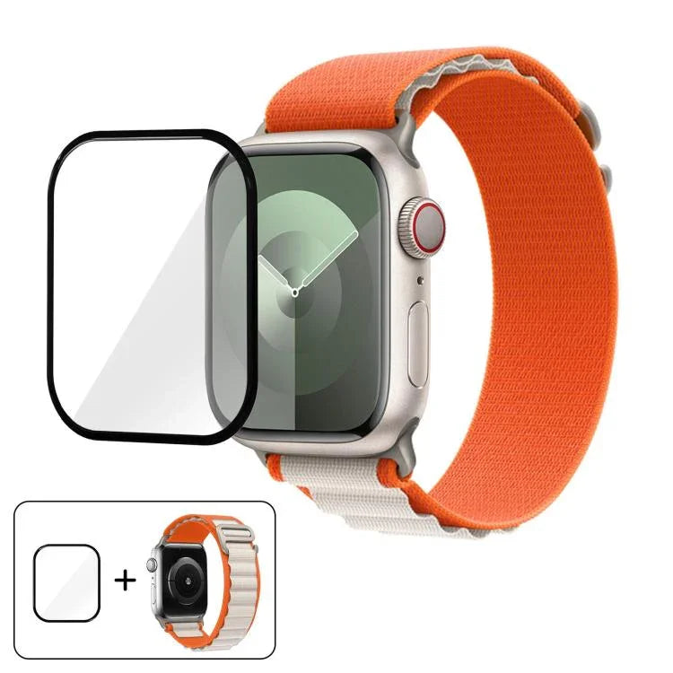 Correia de Relógio em Nylon com Fivela e Filme Curvo 3D, Para Apple Watch Series 45mm