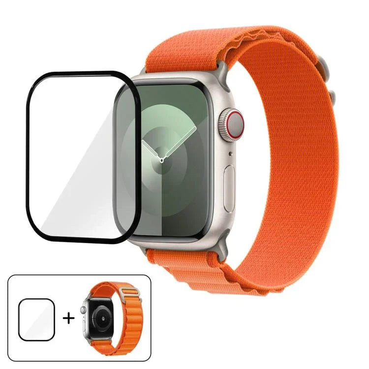 Correia de Relógio em Nylon com Fivela e Filme Curvo 3D, Para Apple Watch Series 45mm