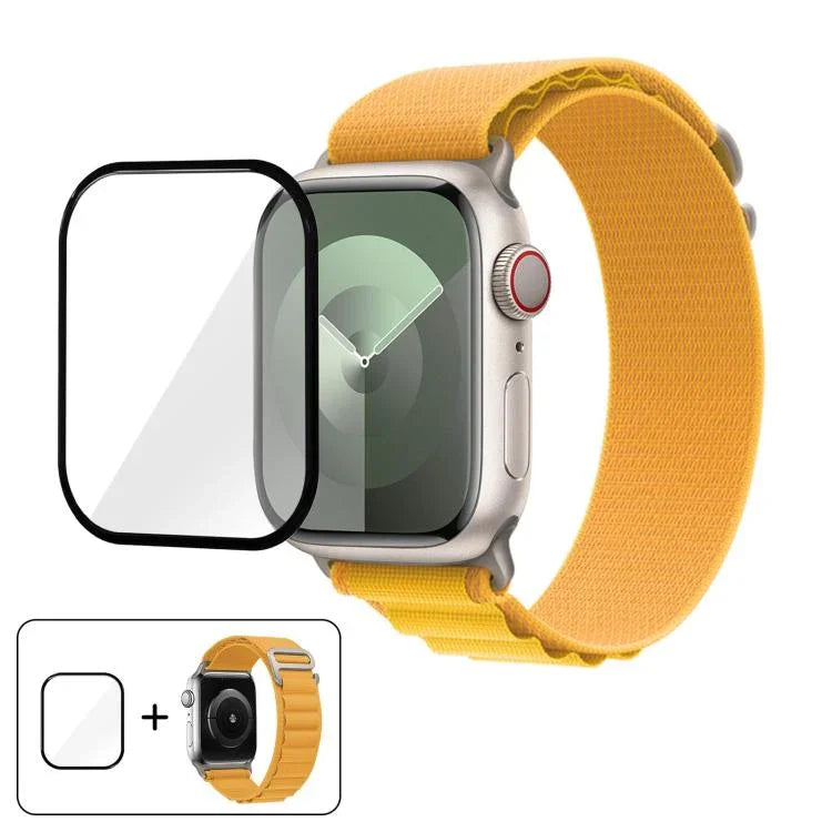 Correia de Relógio em Nylon com Fivela e Filme Curvo 3D, Para Apple Watch Series 45mm