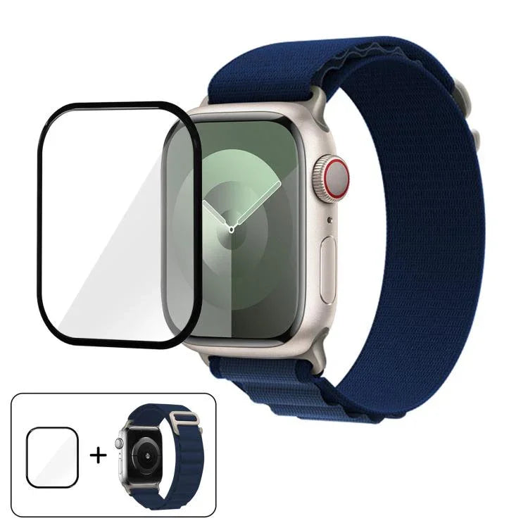 Correia de Relógio em Nylon com Fivela e Filme Curvo 3D, Para Apple Watch Series 45mm