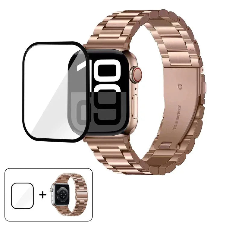Bracelete Três Contas em Aço Inoxidável com Filme Curvo 3D, Para Apple Watch Series 10 46mm, Para Apple Watch Series 10 42mm, Para Apple Watch Series 44mm, Para Apple Watch Series 40mm