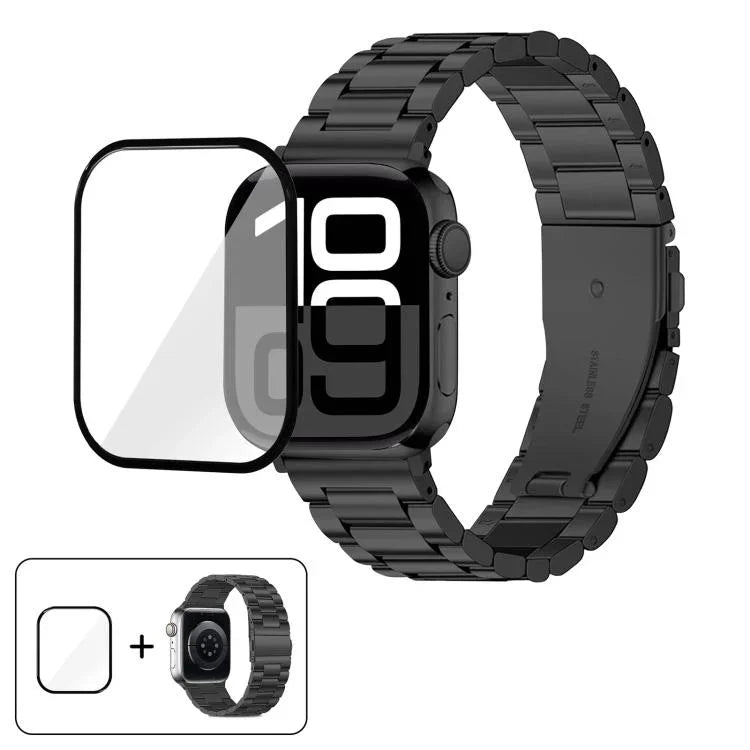 Bracelete Três Contas em Aço Inoxidável com Filme Curvo 3D, Para Apple Watch Series 10 46mm, Para Apple Watch Series 10 42mm, Para Apple Watch Series 44mm, Para Apple Watch Series 40mm