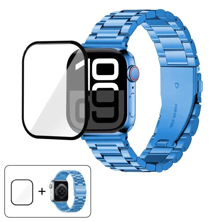 Bracelete Três Contas em Aço Inoxidável com Filme Curvo 3D, Para Apple Watch Series 10 46mm, Para Apple Watch Series 10 42mm, Para Apple Watch Series 44mm, Para Apple Watch Series 40mm
