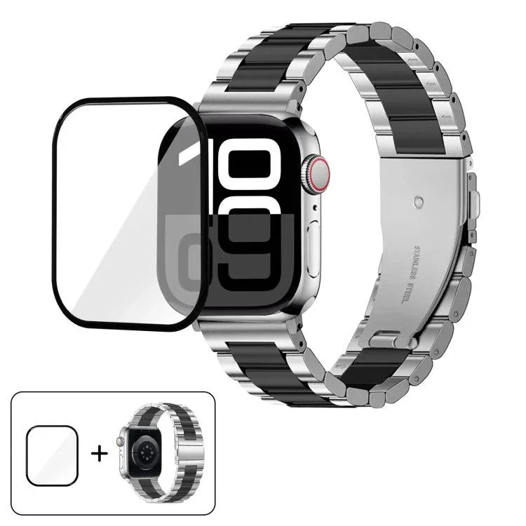 Bracelete Três Contas em Aço Inoxidável com Filme Curvo 3D, Para Apple Watch Series 10 46mm, Para Apple Watch Series 10 42mm, Para Apple Watch Series 44mm, Para Apple Watch Series 40mm