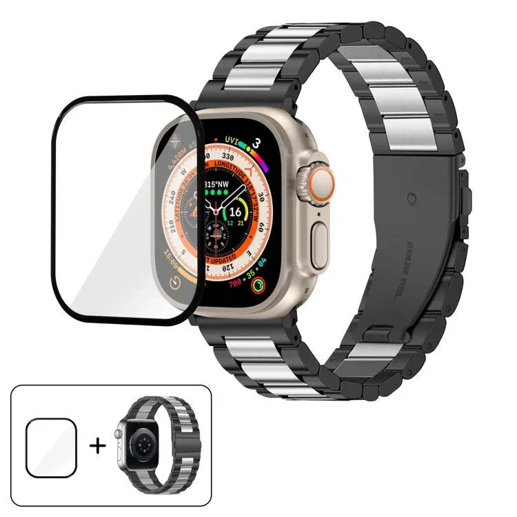 Bracelete Três Contas em Aço Inoxidável com Filme Curvo 3D, Para Apple Watch Ultra 2 / 1 49mm, Para Apple Watch Series 45mm, Para Apple Watch Series 41mm, Para Apple Watch Series 38mm