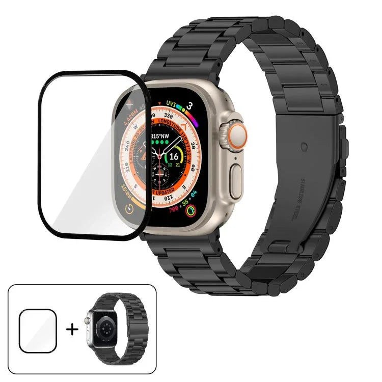 Bracelete Três Contas em Aço Inoxidável com Filme Curvo 3D, Para Apple Watch Ultra 2 / 1 49mm, Para Apple Watch Series 45mm, Para Apple Watch Series 41mm, Para Apple Watch Series 38mm