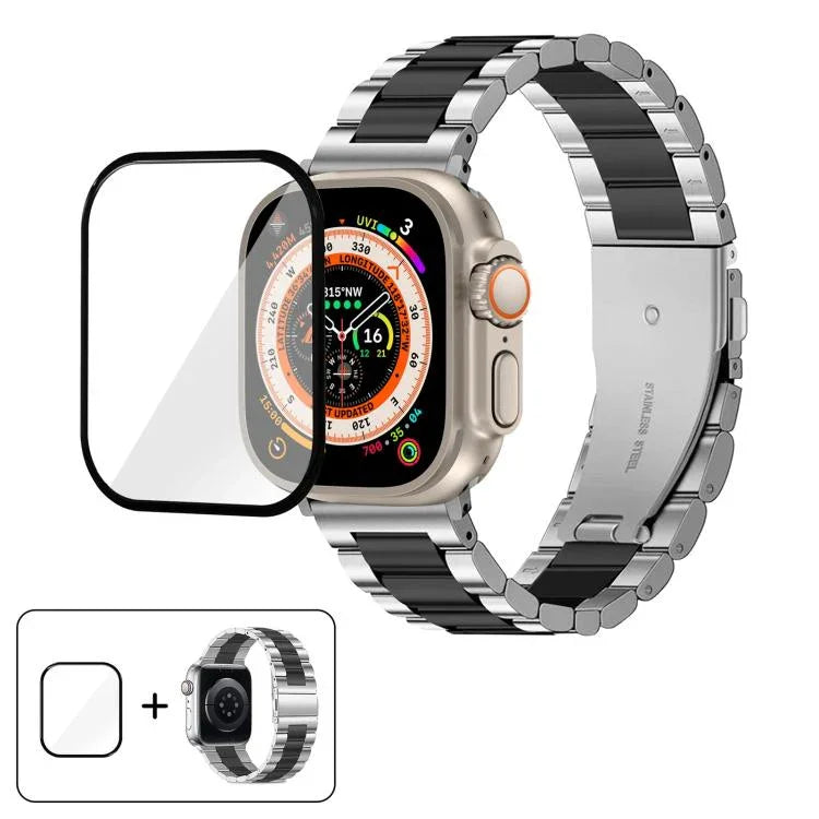 Bracelete Três Contas em Aço Inoxidável com Filme Curvo 3D, Para Apple Watch Ultra 2 / 1 49mm, Para Apple Watch Series 45mm, Para Apple Watch Series 41mm, Para Apple Watch Series 38mm