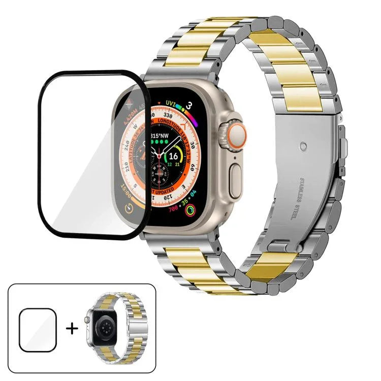 Bracelete Três Contas em Aço Inoxidável com Filme Curvo 3D, Para Apple Watch Ultra 2 / 1 49mm, Para Apple Watch Series 45mm, Para Apple Watch Series 41mm, Para Apple Watch Series 38mm