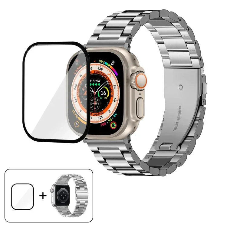 Bracelete Três Contas em Aço Inoxidável com Filme Curvo 3D, Para Apple Watch Ultra 2 / 1 49mm, Para Apple Watch Series 45mm, Para Apple Watch Series 41mm, Para Apple Watch Series 38mm