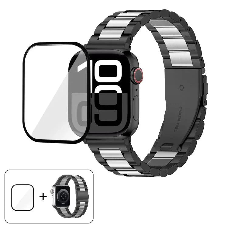 Bracelete Três Contas em Aço Inoxidável com Filme Curvo 3D, Para Apple Watch Ultra 2 / 1 49mm, Para Apple Watch Series 45mm, Para Apple Watch Series 41mm, Para Apple Watch Series 38mm