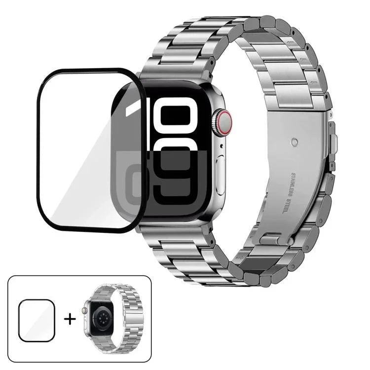 Bracelete Três Contas em Aço Inoxidável com Filme Curvo 3D, Para Apple Watch Ultra 2 / 1 49mm, Para Apple Watch Series 45mm, Para Apple Watch Series 41mm, Para Apple Watch Series 38mm