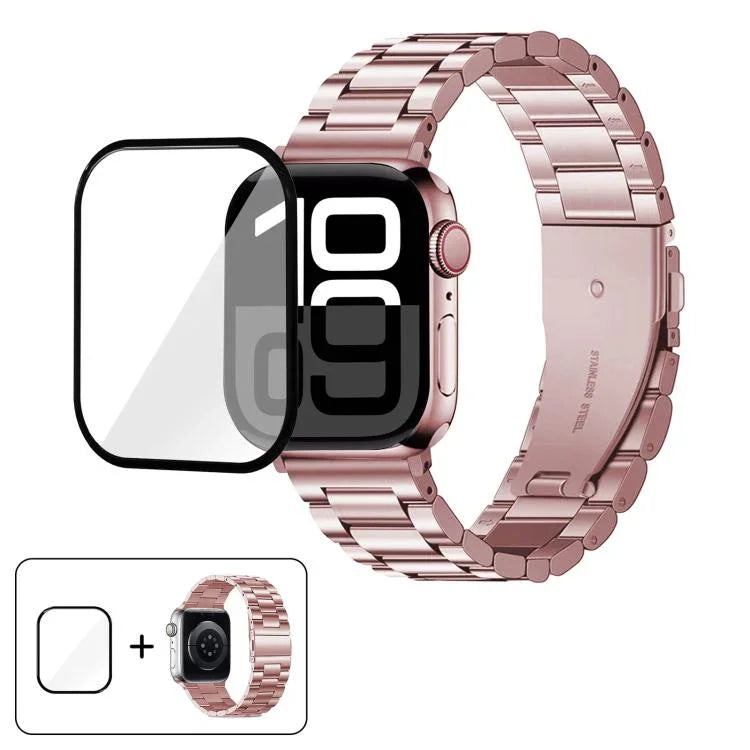 Bracelete Três Contas em Aço Inoxidável com Filme Curvo 3D, Para Apple Watch Ultra 2 / 1 49mm, Para Apple Watch Series 45mm, Para Apple Watch Series 41mm, Para Apple Watch Series 38mm