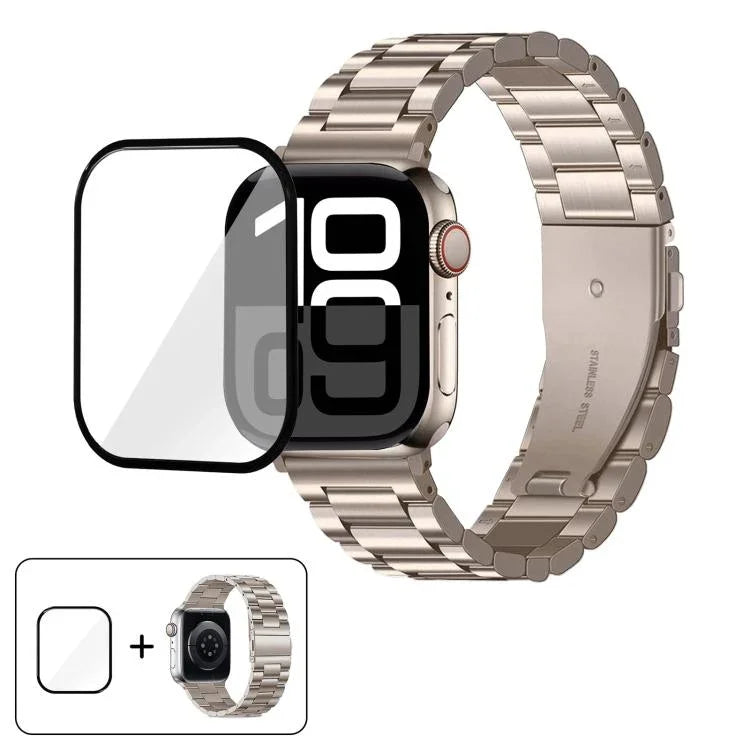Bracelete Três Contas em Aço Inoxidável com Filme Curvo 3D, Para Apple Watch Ultra 2 / 1 49mm, Para Apple Watch Series 45mm, Para Apple Watch Series 41mm, Para Apple Watch Series 38mm