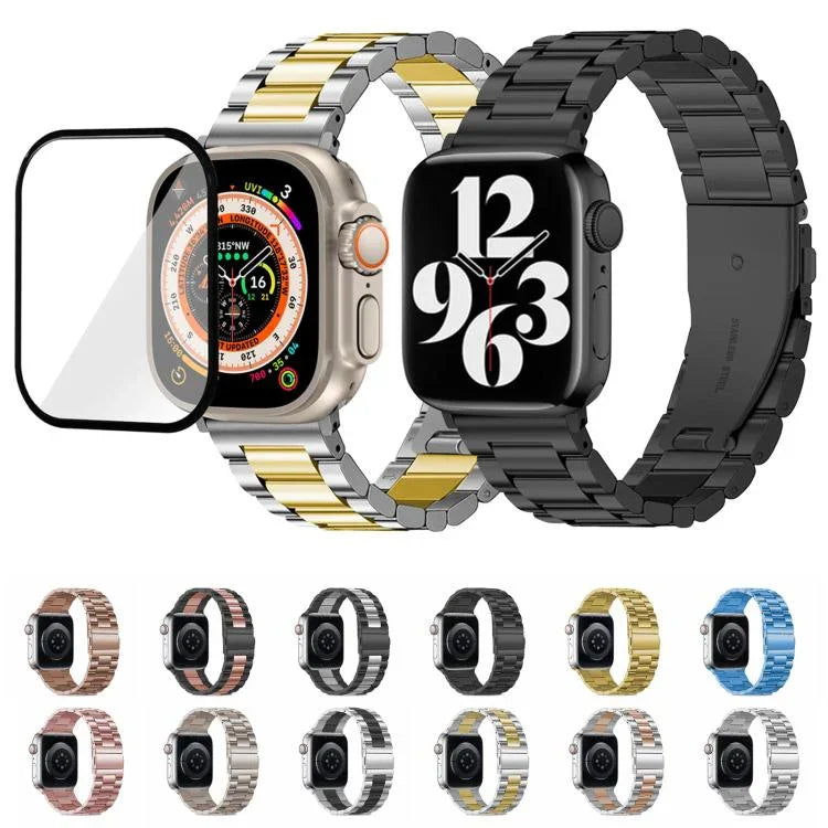 Bracelete Três Contas em Aço Inoxidável com Filme Curvo 3D, Para Apple Watch Series 10 46mm, Para Apple Watch Series 10 42mm, Para Apple Watch Series 44mm, Para Apple Watch Series 40mm