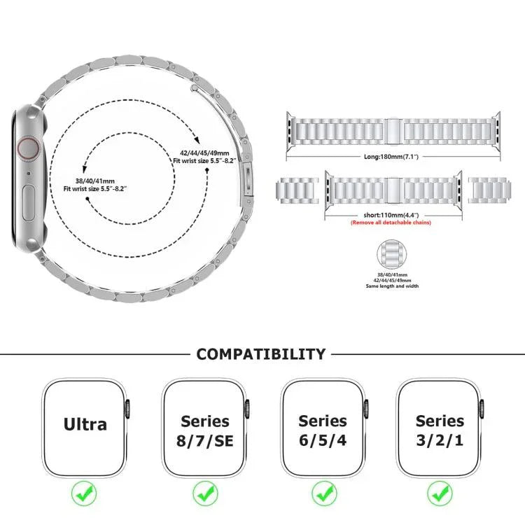Bracelete Três Contas em Aço Inoxidável com Filme Curvo 3D, Para Apple Watch Ultra 2 / 1 49mm, Para Apple Watch Series 45mm, Para Apple Watch Series 41mm, Para Apple Watch Series 38mm