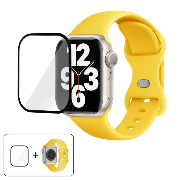 Correia de Relógio em Silicone com Fivela Borboleta e Filme Curvo 3D, Para Apple Watch Series 41mm, Para Apple Watch Series 38mm, Para Apple Watch Series 42mm